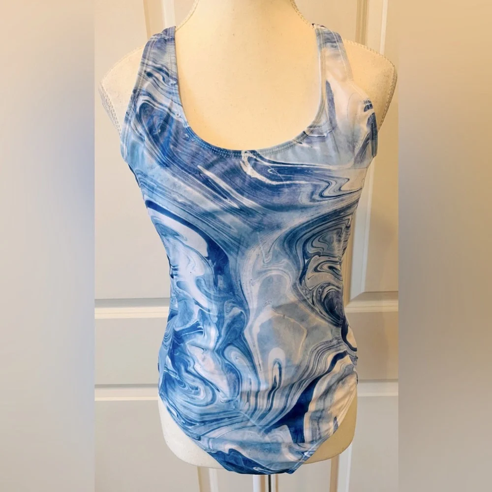 NWT NICOLE MILLER BLUE AND WHITE ONE PIECE SWIMSUIT SIZE LARGE - Picture 1 of 4
